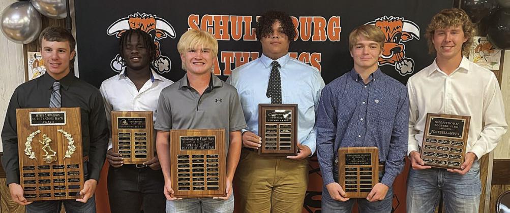 FOOTBALL – (from left) Bryce Stoever, A. C. Winkelman Outstanding Back Award; Rodney H. Walton, Defensive MVP; Brycen Schramek, Schulenburg Food Mart Special Teams Award; Calvin Thompson, Outstanding Lineman Award; Adam Thompson, Chamber of Commerce Outstanding Player Award; and Aaron Janecek, Shorthorn Booster Club Most Valuable Player Award. Not shown: Nicolas Lopez, Henry Keuper Fighting Heart Award. Sticker Photo By Darrell Vyvjala