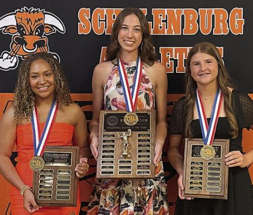 VOLLEYBALL – (from left) Kieryn Adams, Defensive MVP; Meredith Magliolo, Rotary Club Player of the Year; and Landry Zapalac, Offensive MVP. Sticker Photo By Darrell Vyvjala