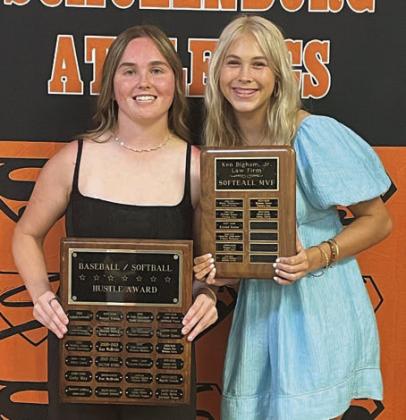 SOFTBALL CO-MVPs – (from left) Haylie Goode and Kinley Tillery, Ken Bigham Jr. Softball Most Valuable Player award. Sticker Photo By Darrell Vyvjala