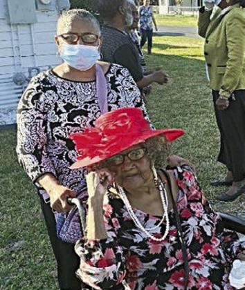 The oldest living member of Stevens Chapel UMC is Mrs. Ora Mae Moore (front), 93, shown with daughter Mrs. Janice Collins (back).