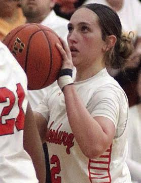 Grace Schramek lines up a 15foot jump shot in the second half against Ganado. Sticker Photo By Darrell Vyvjala