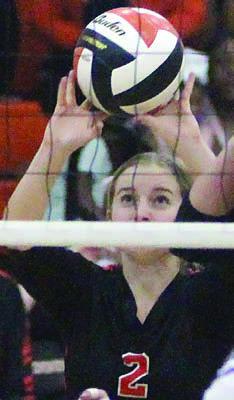 Madison Kunschick gets to a Shiner tip in game two. Sticker Photo By Darrell Vyvjala