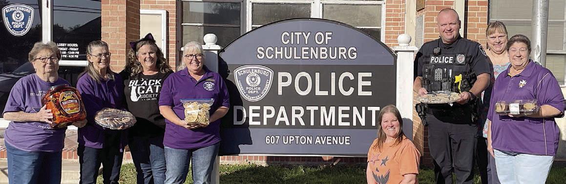 DONATION TO SCHULENBURG POLICE DEPARTMENT – Shown at the Police Department with the donations are (from left) Kathy Bertsch and Barbara Veselka, representing Court St. Rose; Gina Harden, representing the SPD; Phyllis Valchar, Court St. Rose recording secretary; Sherrie Henke and Officer James Whited, representing the SPD; Sheila Brossmann, representing Court St. Rose; and Grace Lebeda, Court St. Rose regent.