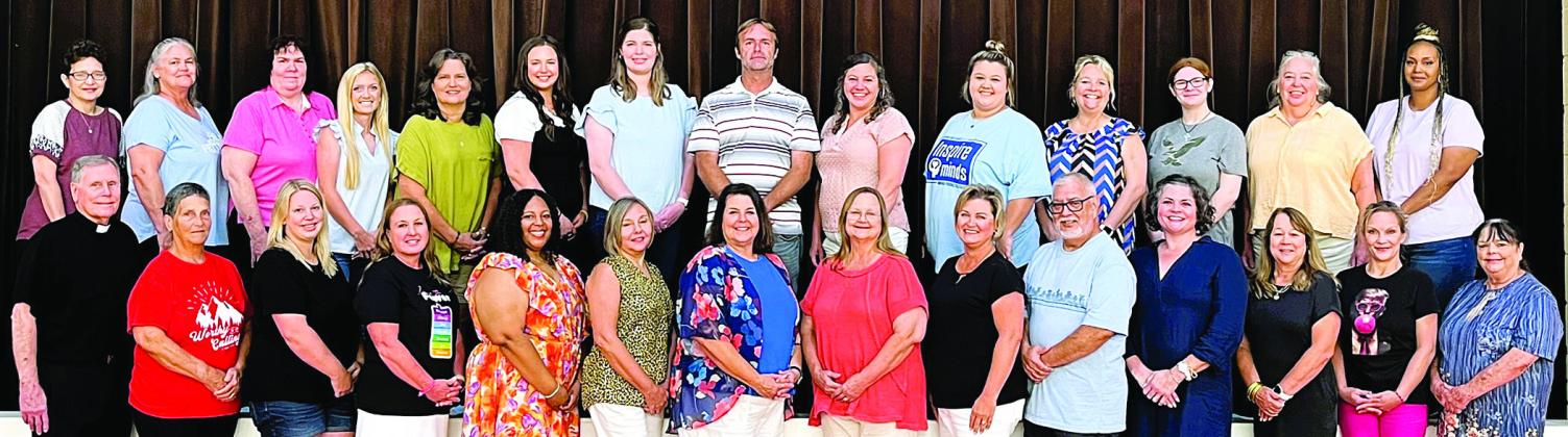 Staff for 2024-25 includes (front row, from left) Pastor Jasper Liggio, Carolyn Osina, Rachel Guentert, Jaime Rainosek, Shavon Lewis, Michelle Kubos, Donna Kunz, Rosanne Gallia, Jeannie Mican, Julius Castillo, Melissa Schmidt, Sandy Zaruba, Paige Berger, Doris Bujnoch, (back row) Pamela Vrazel, Carmen Stoner, Colette Surman, Madalyn Schneider, Sheila Klimitchek, Annie Stoner, Claire Eckhardt, Matt Bonner, Lindsey Schiffli, Hannah Ahrens, Wendy Becka, Megan Pledger, Laura Fogle and Kelly Adams.