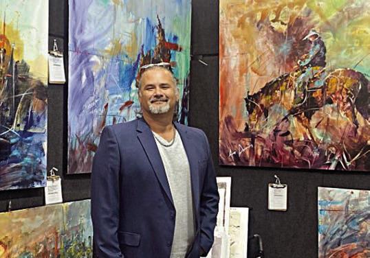 Jeremy Serna’s bold and colorful artwork will be on display at the Arts for Rural Texas Ross Gallery in Fayetteville from Feb. 24 to April 13. Serna is pictured above in front of some of his paintings. An example of his work appears at right.