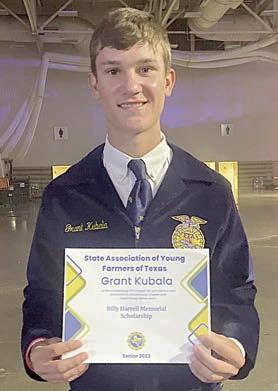 Grant Kubala was presented the Fort Worth Stock Show Syndicate Jim Bob Norman Scholarship of $10,000 and Texas Young Farmer Billy Harrell Memorial Scholarship of $1,000.