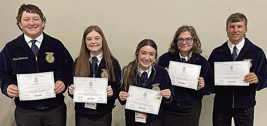 Lone Star FFA Degree recipients from the Schulenburg Chapter recognized on stage were (from left) Ethan Steinhauser, Riley Zapalac, Keaton Walker, Amanda Tofel and Bryce Stoever. Recipients unable to attend were Jacob Vacek, Meredith Magliolo, Annelyse Galipp, Nathan Olsovsky, Presley Sommer and Kieryn Adams.
