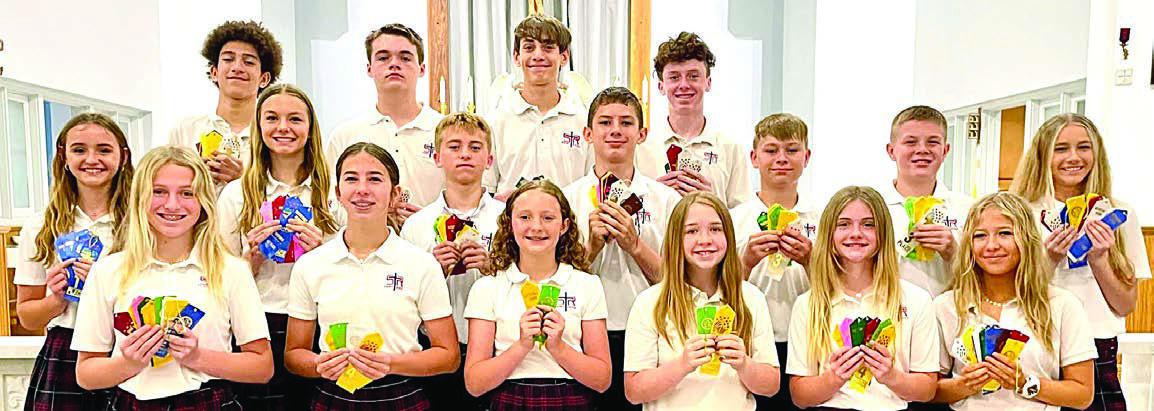 Grades 7 &amp; 8 – (front row, from left) Saybra Pinney, Courtney Magliolo, Caroline Bartek, Reese Dusek, Mallory Bonner, Layney Connor, (second row) Miranda Bonner, Layne Besetzny, Weston Hollas, William Eudy, Brett Hollas, Bo Brossmann, Jenna Guentert, (back row) Denver Carr, Brock Seger, Adam Schramek and Charlie Shank.