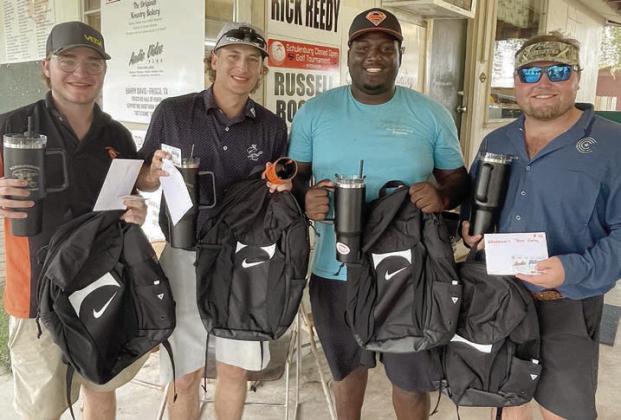 1ST PLACE, THIRD FLIGHT (5 under par / 67) – (from left) Layne Vyvjala, Rhett Ahrens, Davonn Granger, and Brandt Vyvjala. Sticker Photo By Darrell Vyvjala