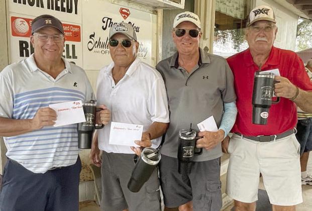 3RD PLACE, FIRST FLIGHT (11 under par / 61) – (from left) Al Richard, Donnie Dach, Dennis Venghaus, and Ben Christen. Sticker Photo By Darrell Vyvjala
