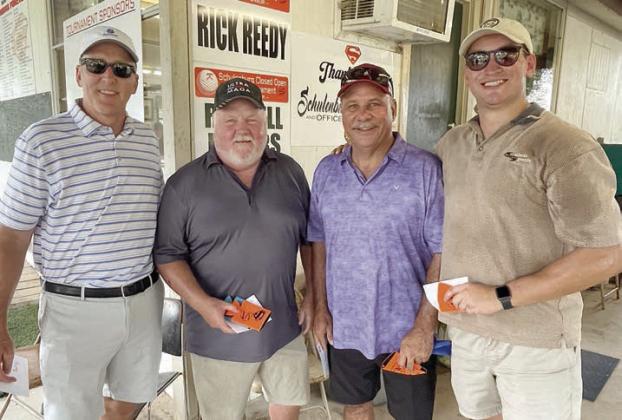 3RD PLACE, THIRD FLIGHT (5 under par / 67) – (from left) Ron Sanders, Mike Kuhn, Steve Ulrich, and Montana Olle. Sticker Photo By Darrell Vyvjala