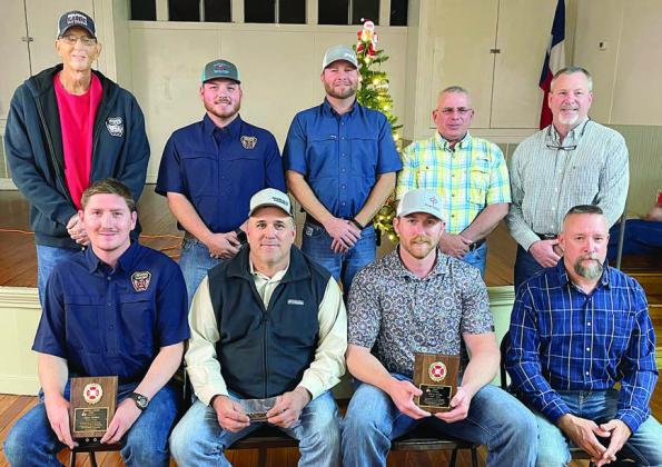 SERVICE AWARDS – Firefighters making at least 75 percent of calls, meetings, and drills in 2023 were: (seated, from left) Dylan Schilhab, 87 percent; Chief Darren Guentert, 85 percent; Doran Proske, 85 percent; Second Assistant Chief Randy Wick, 82 percent; (standing, from left) John Schindler, 78 percent; Caleb Geissen, 82 percent; First Assistant Chief Drew Brossmann, 77 percent; Quentin Riche, 77 percent; and Jeff Proske, 76 percent. Sticker Photo By Darrell Vyvjala