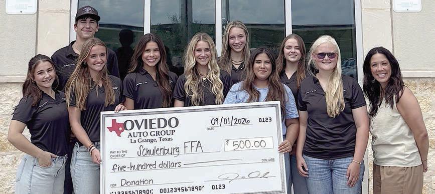 Gold level sponsor Oviedo Auto Group-La Grange – (from left) Lilly Wotipka, FFA chaplain; Koi Prihoda, FFA student advisor; Miranda Bonner, FFA FFA reporter; Morgan Steinhauser, FFA president; Jenna Guentert, FFA secretary; Kimber Bartosch, FFA historian; Natalia Garcia, FFA vice president; Kerr McBride, FFA treasurer; Jolene Jarvis, FFA sentinel; and Erika King, Oviedo sales manager.