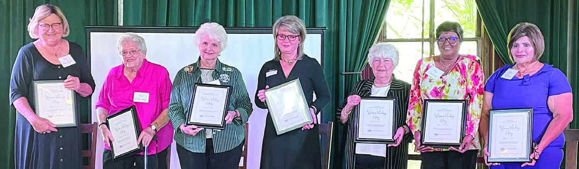 Honored at Sunday’s “Women Making History” event were: (from left) Hallettsville Mayor Alice Jo Summers, Nordheim Mayor Katherine Payne, Cuero Mayor Sara Post-Meyer, Columbus Assistant City Secretary Dinah Jacobs (representing Mayor Lori An Gobert), Schulenburg Mayor Elaine Kocian, La Grange Mayor Jan Dockery, and Smiley Mayor Lisa Benavidez. Not present: Nixon Mayor Dorothy Riojas. Sticker Photo By Darrell Vyvjala