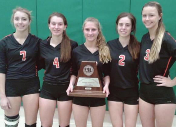 Seniors (from left) Kloe Kutac, Jordan Sommer, Megan Ohnheiser, Claire Antosh, and Madison Brooks pose with the Class 2A Region IV runner-up trophy. Sticker Photo By Darrell Vyvjala