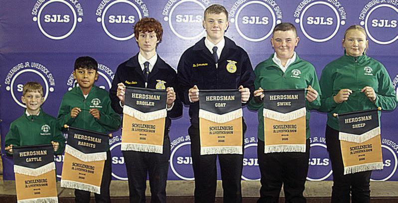 HERDSMAN AWARDS – From left: Rowdy Guenther, cattle; Frank Martinez, rabbits; Colton Lewis, broilers; Bo Brossmann, goats; Abraham McBride, swine; and Zoey Krenek, sheep. Winners kept their pens the cleanest throughout the show. Sticker Photo By Darrell Vyvjala
