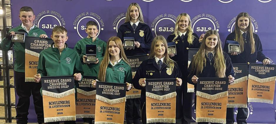 BREEDING SHOW – Front, from left: Holden Holub, reserve champ sheep; Kylee Hoffmann, reserve champ doe; Kyrroll Prihoda, reserve champ heifer; and Haylee Vacek, reserve champ swine. Back, from left: Abe McBride, grand champ swine; Hudson Holub, grand champ doe; Kimber Bartosch, grand champ sheep; Keeley Warnken, grand champ heifer; and Landry Zapalac, grand and reserve champ dairy. Sticker Photo By Darrell Vyvjala