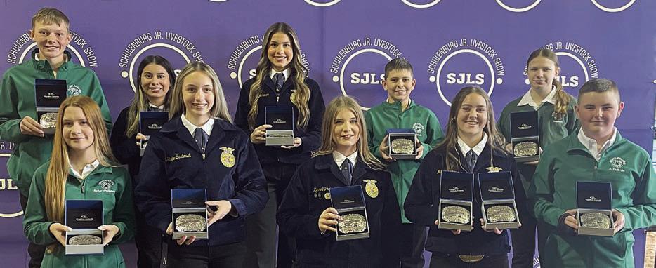 SHOWMANSHIP – Front, from left: Kylee Hoffmann, breeding does; Kimber Bartosch, breeding sheep; Kyrroll Prihoda, beef heifers; Mikayla Stang, dairy and steers; and Abe McBride, breeding swine. Back, from left: Holden Holub, sheep; Hayden Martinez, rabbits; Morgan Steinhauser, broilers; Hudson Holub, goats; and Olivia Hammack, swine. Sticker Photo By Darrell Vyvjala