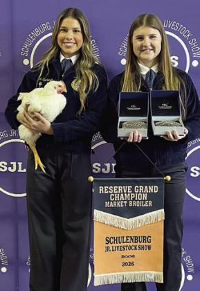 RESERVE CHAMPION MARKET BROILERS – Exhibitor: Morgan Steinhauser (left). Sale Price: $6,300. Sticker Photo By Darrell Vyvjala