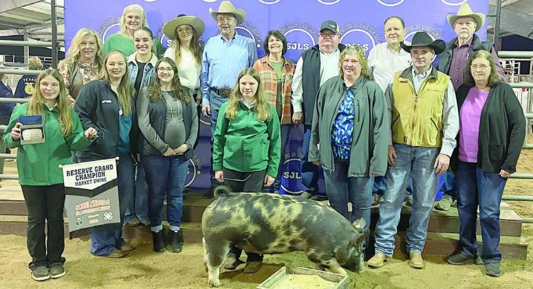 RESERVE CHAMPION MARKET SWINE – Exhibitor: Olivia Hammack (front, center). Sales price: $6,175. Sticker Photo By Darrell Vyvjala