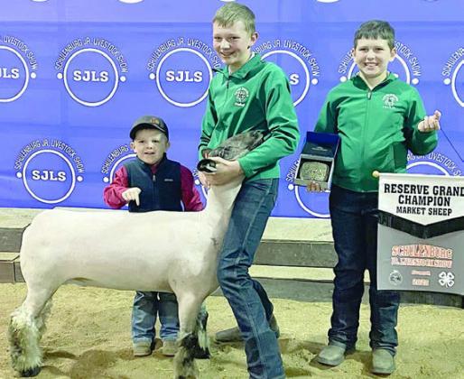 RESERVE CHAMPION MARKET SHEEP – Exhibitor: Holden Holub (center). No sale. Sticker Photo By Darrell Vyvjala