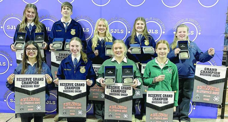 BREEDING SHOW – Front, from left: Avah Noriega, reserve champion beef; Hope Hammack, reserve champion swine; Haley Schramek, reserve champion sheep; and Kylee Hoffmann, reserve champion goat. Back, from left: Madyson Holub, grand champion swine; Koi Prihoda, grand champion goat; Keeley Warnken, grand champion beef; Landry Zapalac, grand champion and reserve champion dairy; and Olivia Otto, grand champion sheep. Sticker Photo By Darrell Vyvjala