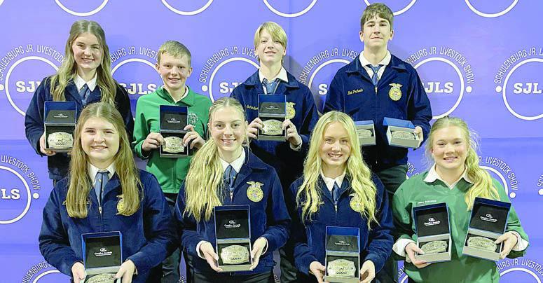 SHOWMANSHIP – Front, from left: Landry Zapalac, dairy; Kaylee Beyer, market rabbits; Keeley Warnken, market steer; and Haley Schramek, breeding beef and breeding sheep. Back, from left: Madyson Holub, market swine and breeding swine; Holden Holub, market sheep; Joseph L. Schindler III, market broilers; and Koi Prihoda, market goat and breeding goat. Sticker Photo By Darrell Vyvjala