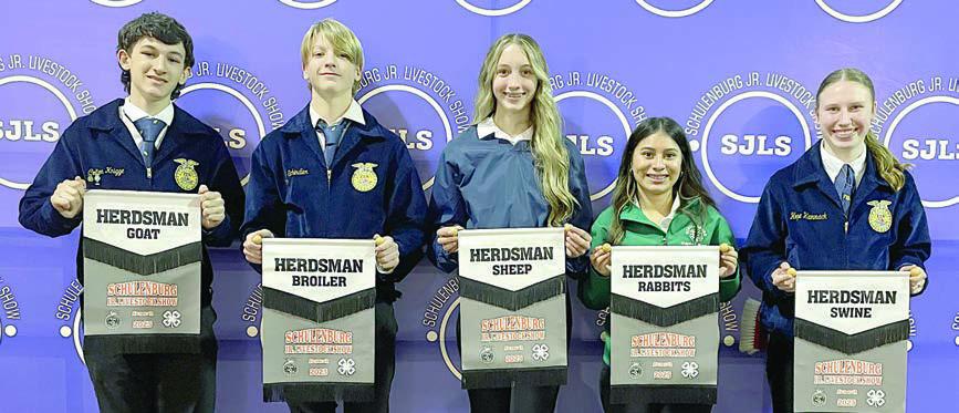 HERDSMAN AWARDS – Front, from left: Colton Knigge, goat; Joseph L. Schindler III, broilers; Kimber Bartosch, sheep; Hayden Martinez, rabbits; and Hope Hammack, swine. Not shown: Wyatt Smrkovsky, cattle. Winners kept their pens the cleanest throughout the show. Sticker Photo By Darrell Vyvjala