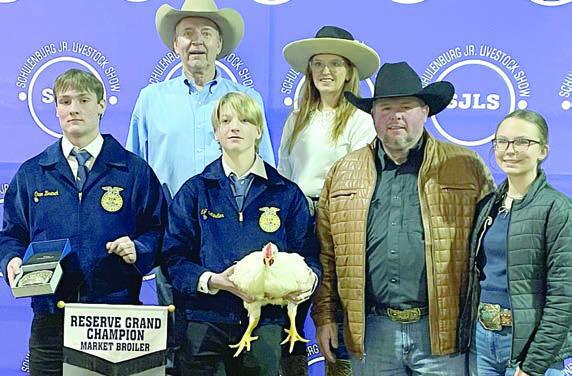 RESERVE CHAMPION MARKET BROILERS – Exhibitor: Joseph L. Schindler III (front, second from left). No sale. Sticker Photo By Darrell Vyvjala