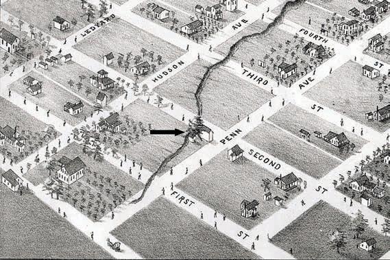 Alth ough shutt ered by 1881 whenAugustus Koch drew this Bird’s-Eye View of Flatonia, the arrow marks the approximate location of the former Flato-Amsler Brewery. The tree on this corner has now grown to enormous size. Was it due to extra nutrients in the soil from spillage of yeast and hops?