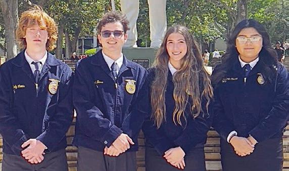 Farm Business Management Team – (from left) Cody Lewis, Scott Bass, Gracie Burton, and Shalanie Olvera. The team placed third in area and Lewis was fifth-place high point individual.