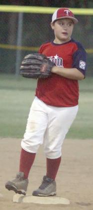 Noah Heger steps on third base after fielding a grounder for the third out of the fifth inning. Sticker Photo By Darrell Vyvjala