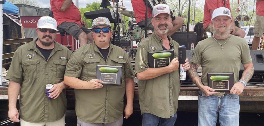 HOMEMADE PICKLES CONTEST – (from left) Ben Zahradnik, Adrian Celedon, and Jeff Orsak (“All About Pivo”), first and third places; and Will Fowlkes, second place. Sticker Photo By Darrell Vyvjala