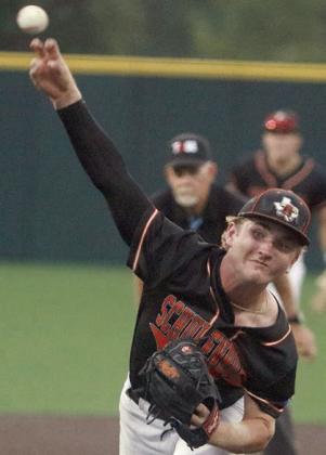 Brycen Schramek delivers a strikeout pitch to get out of a jam in the fourth inning. Sticker Photo By Darrell Vyvjala
