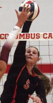 Haylee Vacek gets a kill in set four. Sticker Photo By Darrell Vyvjala
