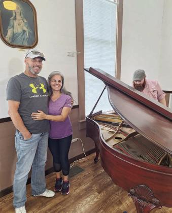 Roger and Vikki Warnken (left) donated the piano to Freyburg Methodist Church in honor of Roger’s grandmother, Alice Warnken, who played the piano there for over 50 years. Coincidentally, the photo in the upper right was donated to the church in the early years by Roger’s great-aunt Mary Warnken.