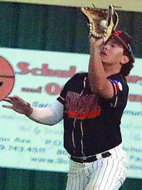 Right fielder Landon Conner gloves a Wildcat fly ball in the sixth inning. Sticker Photo By Darrell Vyvjala