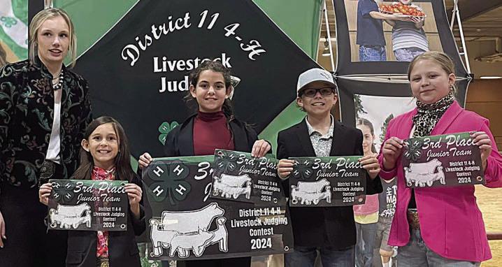 3rd Place Junior Team – (from left) District 11 4-H officer, Emma Zweschper, Adalyn Carrales, Tate Fritsch and Kinley Kutac. Emma Zweschper is a member of the Schulenburg 4-H.