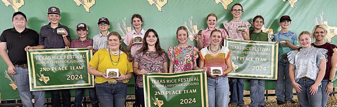 Fayette County 4-H’ers participating in the Texas Rice Festival Livestock Judging Contest were (front row, from left) Rheagan Karisch, Addison Eichler, Hailey Janish, Peyton Gilchrest, Julia Melton, coach Kaci Carrales, (back row) Rilan Karisch, Holden Holub, Hudson Holub, Tate Fritsch, Laramie Laake, Kaisley Janecka, Tatum Fritsch, Adalyn Carrales and Crockett Guenther.