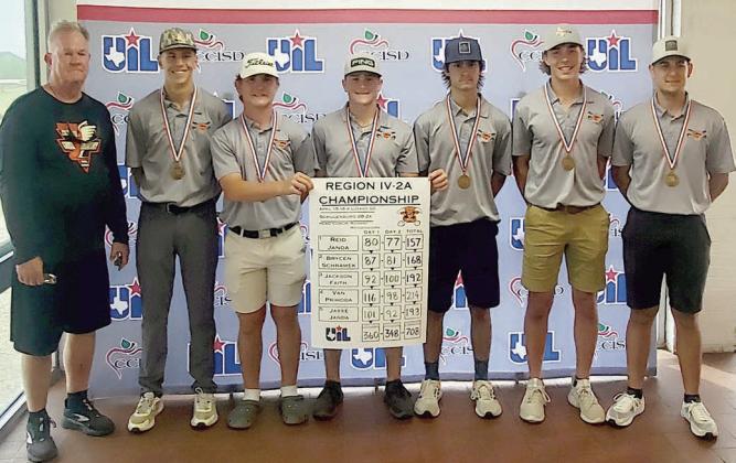 Shown with their score placard and third-place medals after the regional tournament are: (from left) head coach Richard Hoogendoorn, Van Prihoda, Brycen Schramek, Reid Janda, Brant Redman (alternate), Jayse Janda, and Jackson Faith.