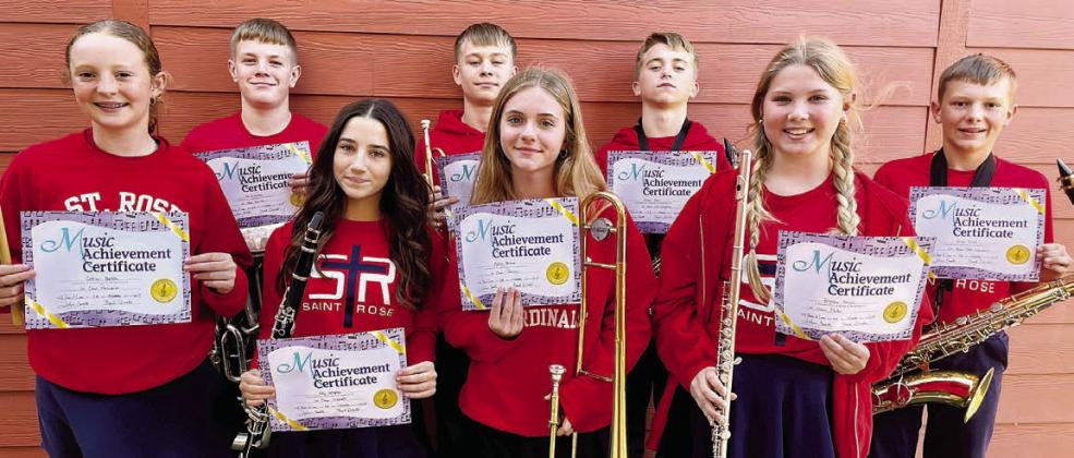 The following students attained first chair in their sections of the St. Rose of Lima Catholic School band program for November – (front row, from left) Caroline Bartek, percussion; Elly Wotipka, clarinet; Mallory Bonner, trombone; Brynlee Berger, flute; (back row) Bo Brossmann, baritone; Brett Hollas, trumpet; Weston Hollas, alto saxophone; and Holden Holub, tenor saxophone.