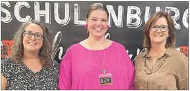 Schulenburg ISD employees of the month for September, recognized during Monday night’s school board meeting, are: (from left) Amy Brenner, junior high; Kristen Holub, elementary; Lynne Machac, districtwide; and (not shown) Theresa Pavlica, high school. This was the first such recognition, Superintendent Dr. Julie Motomura said, with honorees selected by their peers. Sticker Photo By Darrell Vyvjala