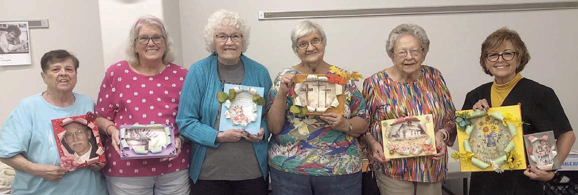 Artful Friday projects made in Martha Beckman’s class recently are being displayed by (from left) Julie Hill, Cheri Wilson, Jeanette Streit, Cynthia Meyer, Irene Janda and Martha Beckman.