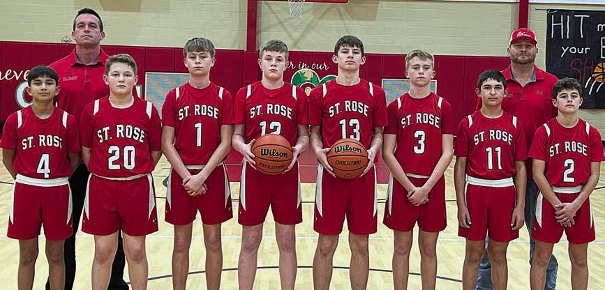 Pictured are members of the DVAL champion St. Rose “A” team: (front, from left) Rilee Kusy, Will Herzik, Brett Hollas, Bo Brossmann, William Eudy, Weston Hollas, Dylan Zweschper, Cal Schiffli; and (back, from left) coaches Shannon Hollas and Drew Brossmann.