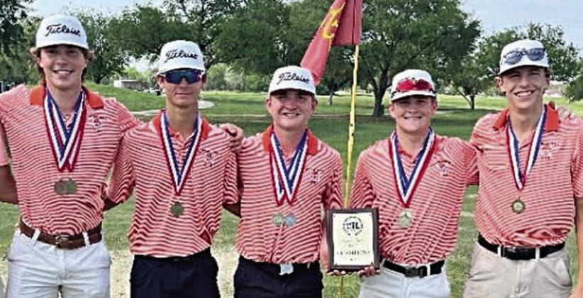 Members Shorthorn golf team, shown with their awards following the district tournament on Monday in Victoria, are: (from left) Jayse Janda, Brant Redman, Brycen Schramek, Reid Janda, and Van Prihoda.