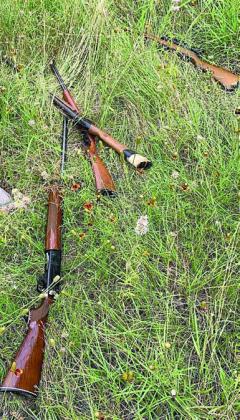 Some of the stolen guns, which were found by deputies in a pasture, are shown above.