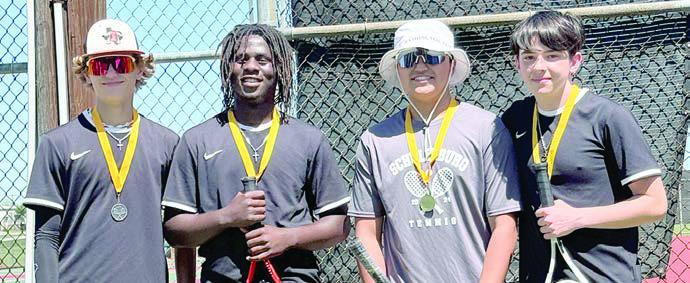 From left: Eli Blansitt and Rodney Walton, second place JV boys’ doubles; Trey Silcox and Denim Sommer, first place JV boys’ doubles.