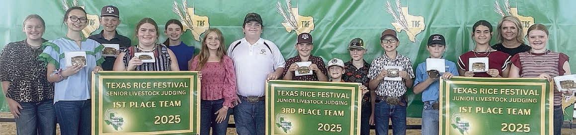 Fayette County 4-H’ers participating in the Texas Rice Festival Livestock Judging Contest were (from left) Julia Melton, Tatum Fritsch, Holden Holub, Rheagan Karisch, Laramie Laake, Hayleigh Pizzitola, Rilan Karisch, Hudson Holub, Rowdy Guenther, Jehnsen Janecka, Tate Fritsch, Crockett Guenther, Adalyn Carrales, coach Kaci Carrales and Kaisley Janecka.