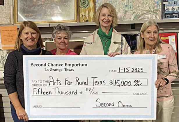 Arts for Rural Texas Chec k Present ation – (from left) Marlene Schnell, SCE assistant store director; Darlene Strahan, SCE assistant store director; Sandra Borne, ARTS executive director; and Gayle Schielack, SCE store director.
