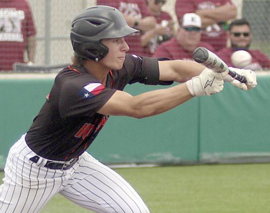 Bryce Stoever sends a bunt down first-base line for a hit and an RBI as part of the Horns’ six-run third inning in game two. Sticker Photo By Darrell Vyvjala